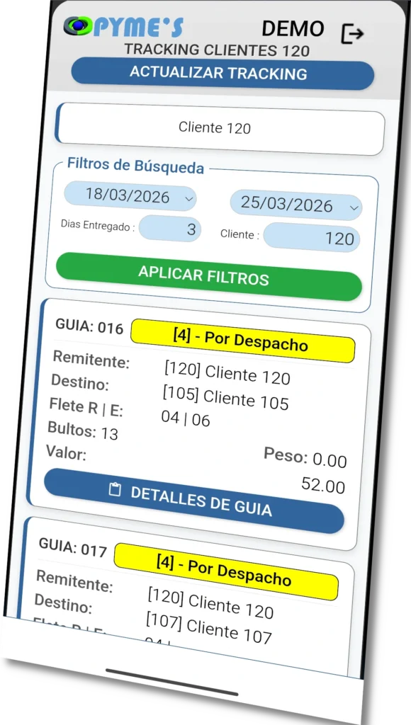 Pantalla de seguimiento de envíos en la app para clientes de Pyme'S ERP CRM